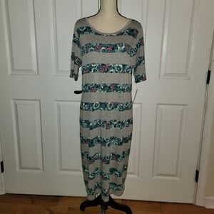 Teal Gray Striped Midi Dress Stretch Casual Work Comfy Everyday NWT